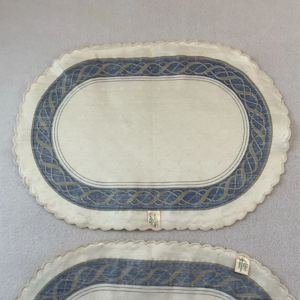 Lenox Hamilton Oval Placemats Cloth Set Of 2 Ivory Gold Navy Blue Vintage Lot #6